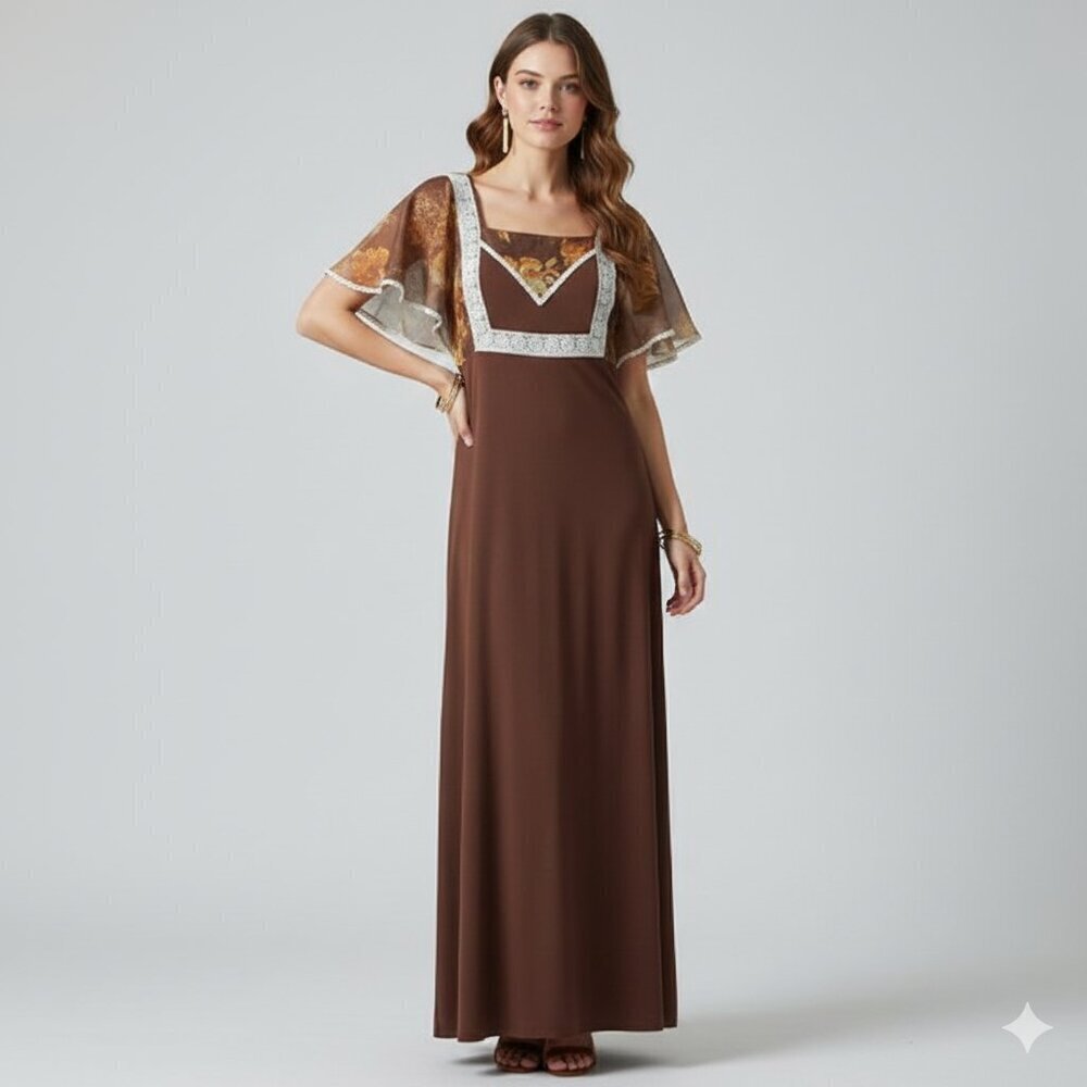 Vintage brown maxi dress with lace detailing and butterfly sleeves M cottagecore